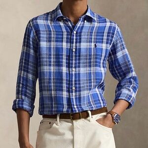 Polo Ralph Lauren Blue Plaid Linen Button Down Shirt | Coastal Preppy Old Money